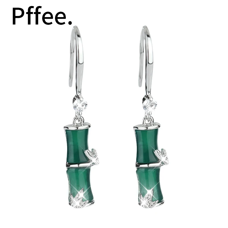 

925 Sterling Silver Certified Chinese Bamboo Drop Earrings For Women Jewelry Green Jade Earring With Bling Zircon