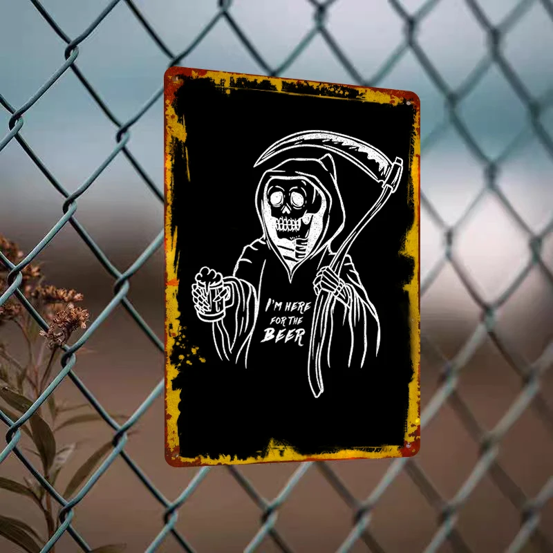 Grim Reaper Holding Beer Mug Skeleton Pattern Iron Painting Home Decor Bar Wall Hanging Creative Metal Wall Art