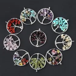 2pcs/Set 30mm Natural Stone Crystal Chip Tree of Life Pendant Seven Chakra Charms for Jewelry Making Necklace Earrings Accessory