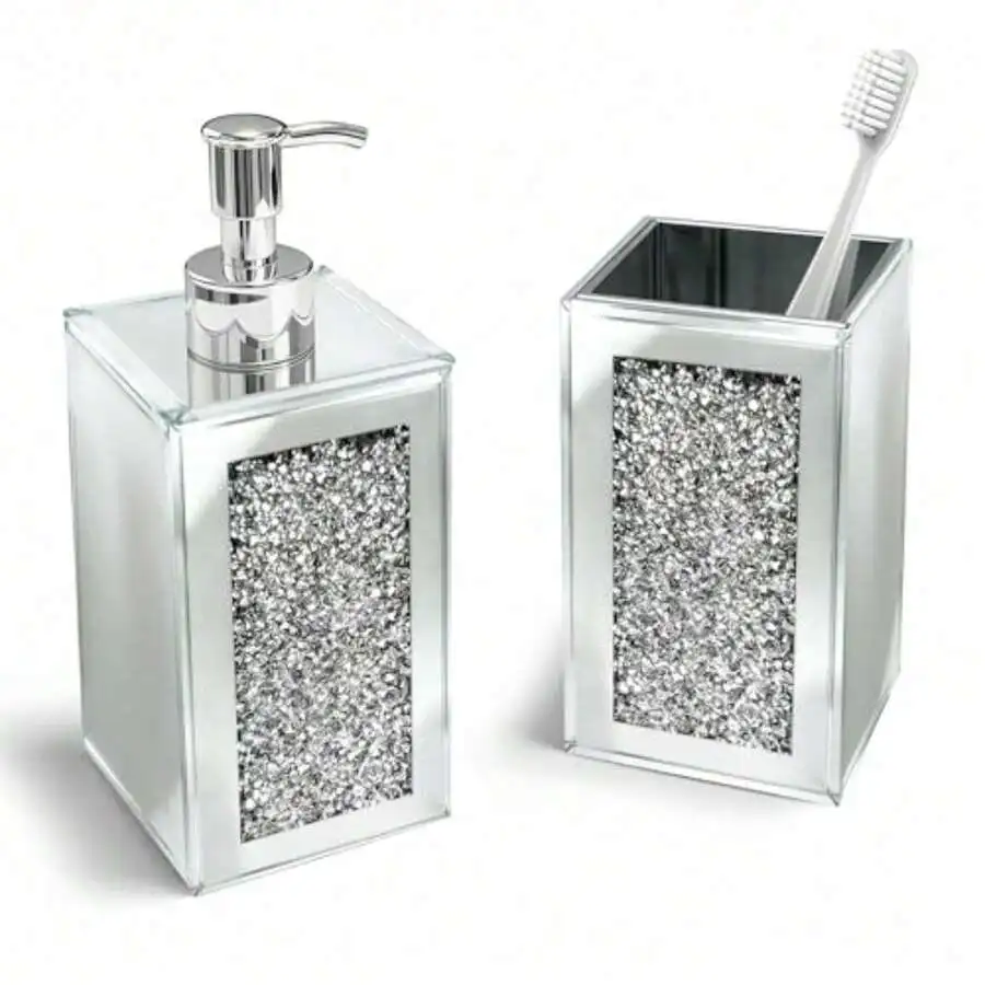 Bathroom Accessories Set, Square 2 Pack Glass Soap Dispenser And Toothbrush Holder With Mirror Finish And Sparkling Diamond Acce