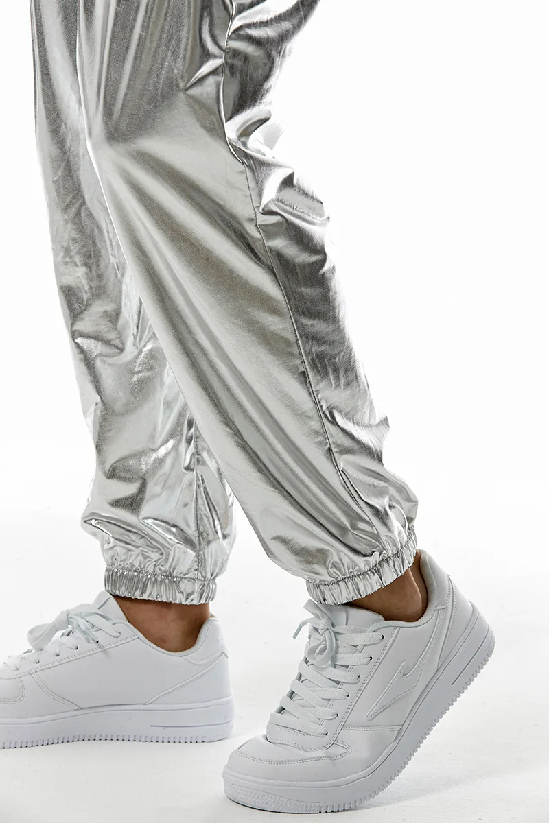 Shiny Metallic PU Leather Sweatpants Men Hip Hop Gold Coated Trousers Disco Nightclub Costume Stage Perform Pants for Singers