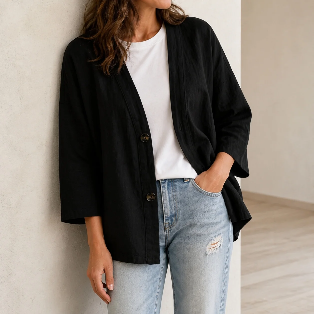 Women's Spring Autumn Medium Weight Casual V Neck Three Quarter Sleeve Single Breasted Button Color Block Blouse for Women