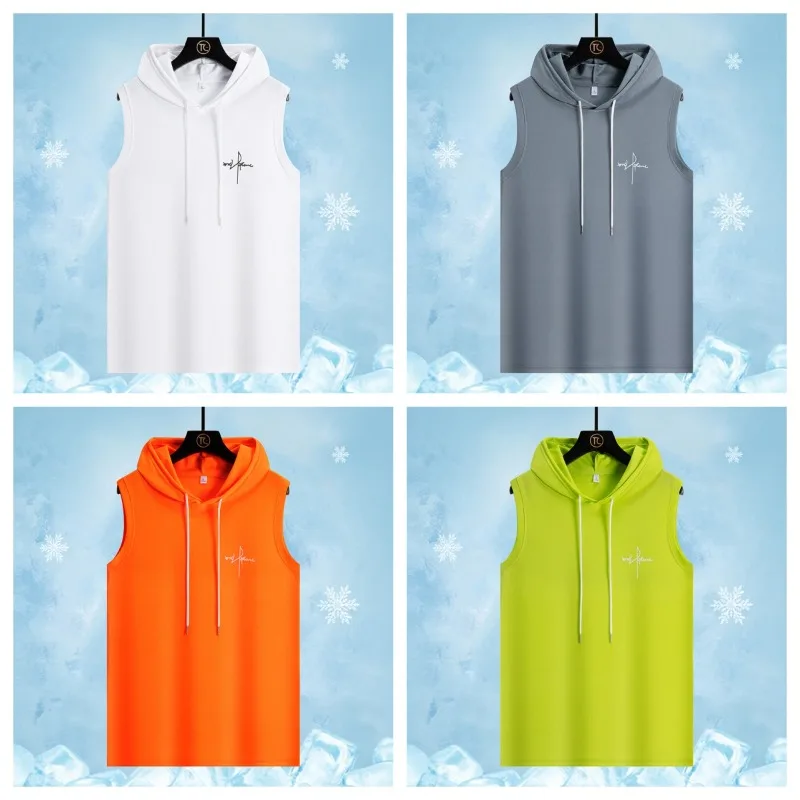Sommermode Kapuzen-T-Shirt aus Eisseide, schnelltrocknend, schweißabsorbierend, atmungsaktiv, für Herren, Outdoor-Wandern und Sport, Freizeitweste