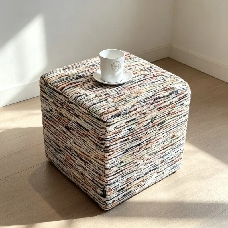 Multicolor Hand Woven Square Ottoman Stool Portable Cube Pouf Footrest Sofa Side Coffee Table Foot Stool Living Room Entryway