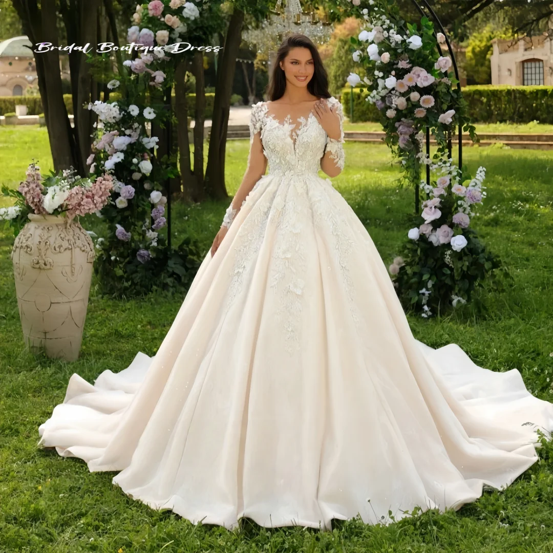 Abito da cerimonia nuziale squisito personalizzato con linea A, applique in pizzo floreale, manica lunga, abito da sposa con perline di cristallo