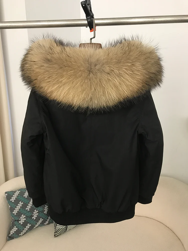 2025 Winter Natural Fur Coat Jacket Women Bomber Parka Real Raccoon Fur Collar Hooded Thick Warm Streetwear Outerwear