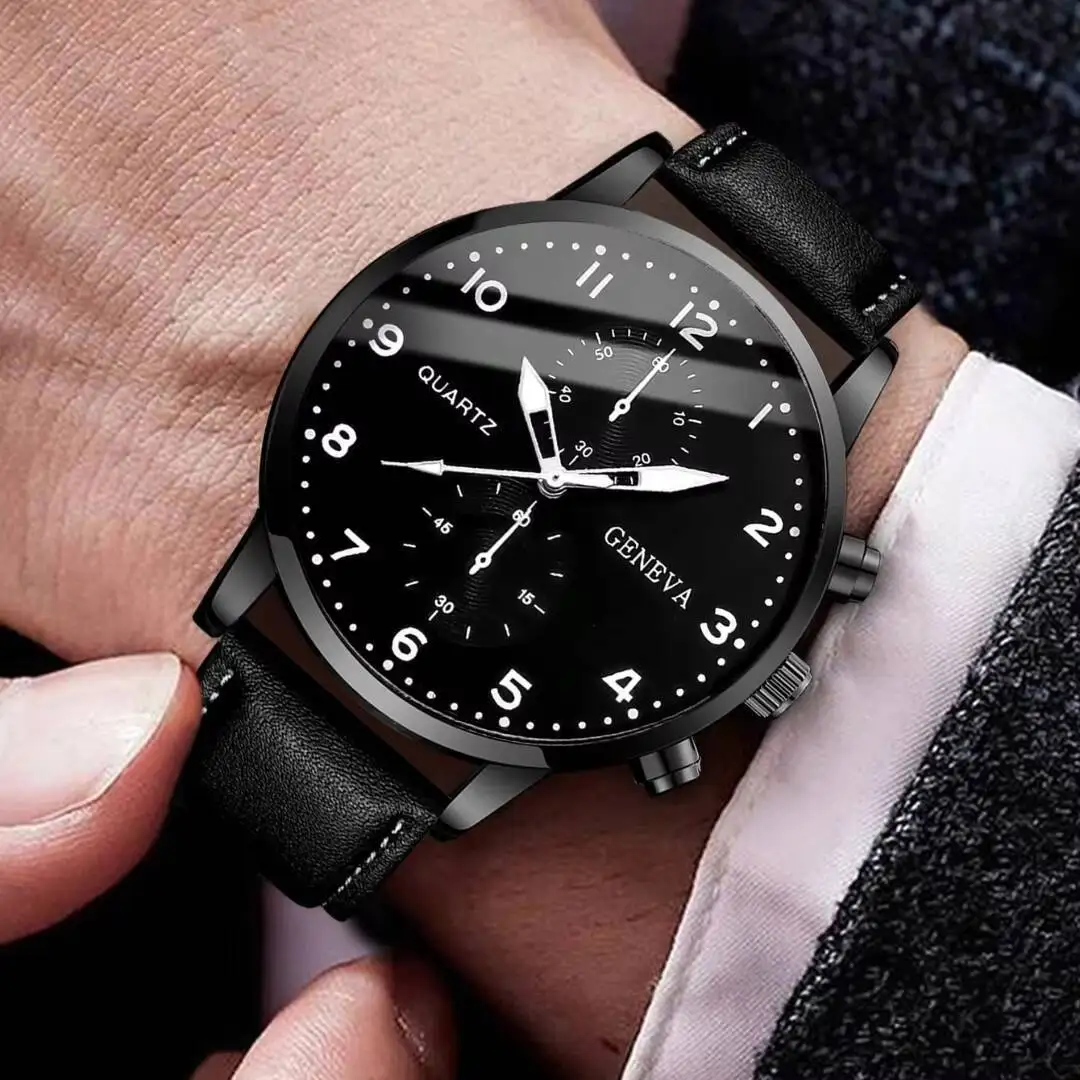 4PCS Fashion Couple Watches Necklaces Set Arabic Dial Quartz Watch Casual PU Leather Strap WristWatches （Without Box）