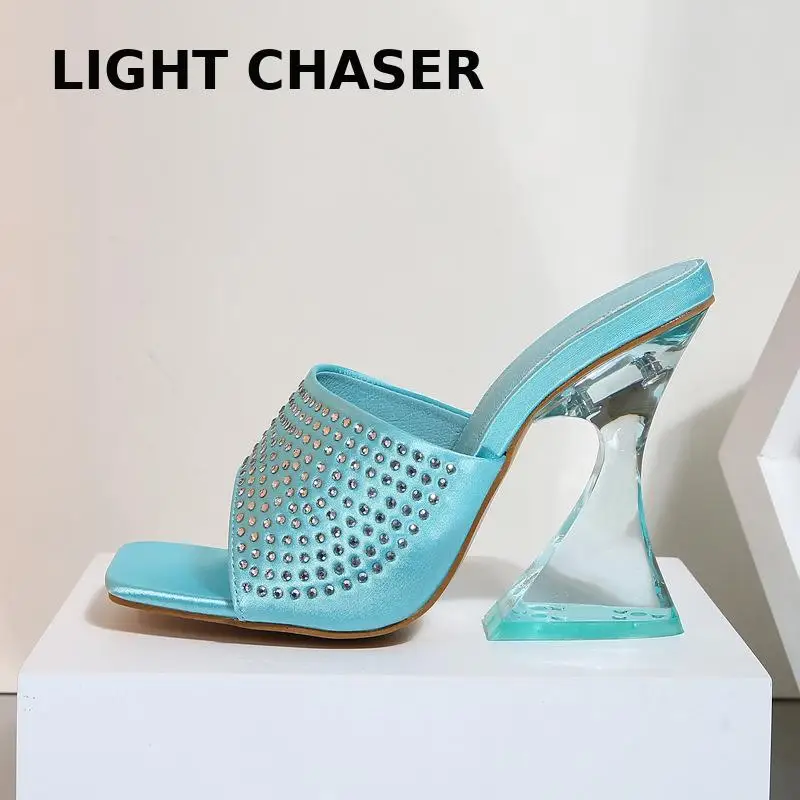 Summer High Heels Women Shoes Fashion Transparent Heels Sexy Hollow Breathable Slippers Square Toe Female High Heel Slippers