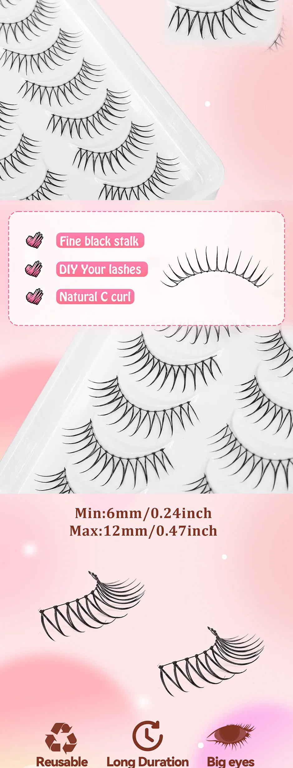 10 Paar in einer Packung, künstliche Wimpern im Idol-Stil für Frauen, U-förmige handgewebte Wimpern, unabhängige Strähnen, natürlicher Make-up-Look, flauschige und realistische künstliche Wimpern, natürliche Simulation, geeignet für Anfänger, künstliche Wimpern im koreanischen Idol-Stil, Länge 6-12 mm – Detail 2