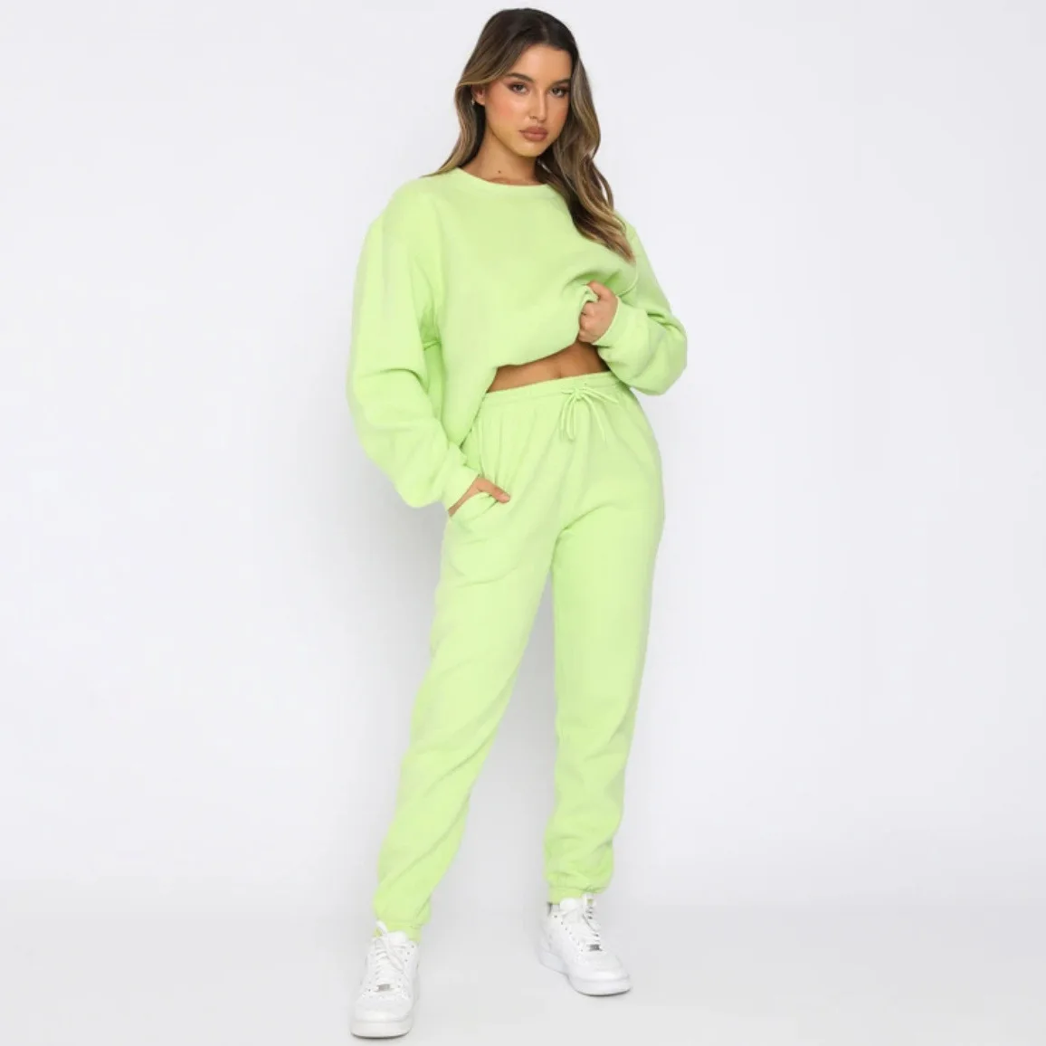 

New Elegant Simple Casual Ladies Solid Color round Neck Long Sleeve Sweatshirt And Pants Set Comfortable Home Wear Two-Piece Set