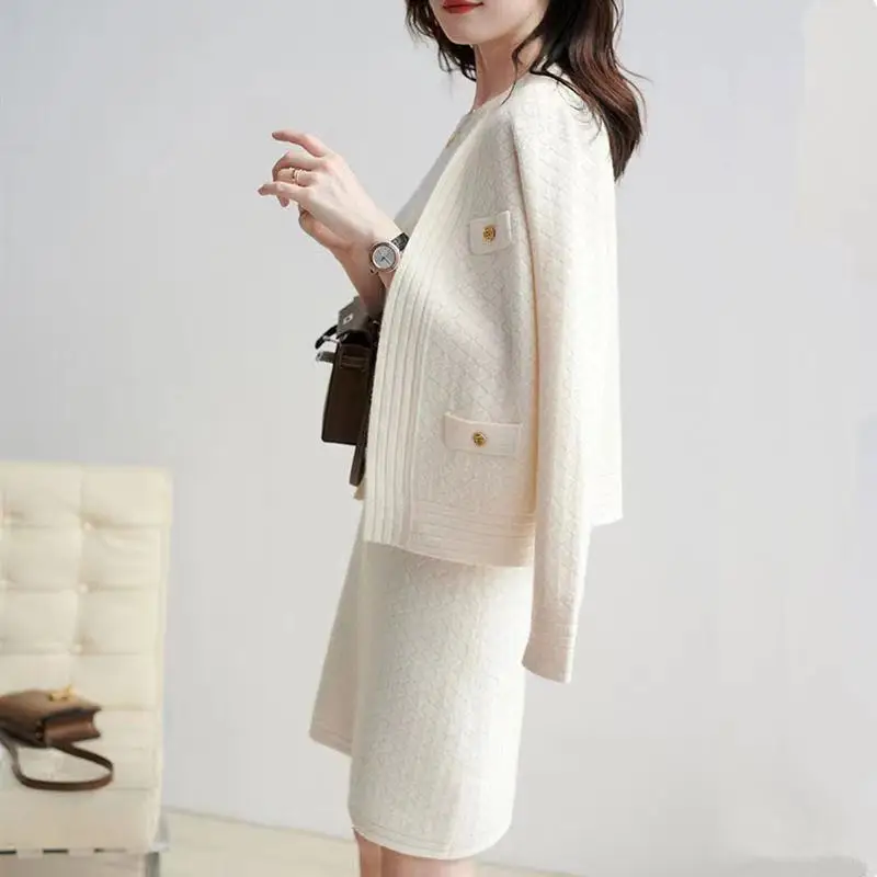 Women's Autumn Winter Knitwear Mathing Sets Lady Graceful Sweater Cardigan Tank Dress Suits 2024 Knit Coats Mini Dresses Outfits