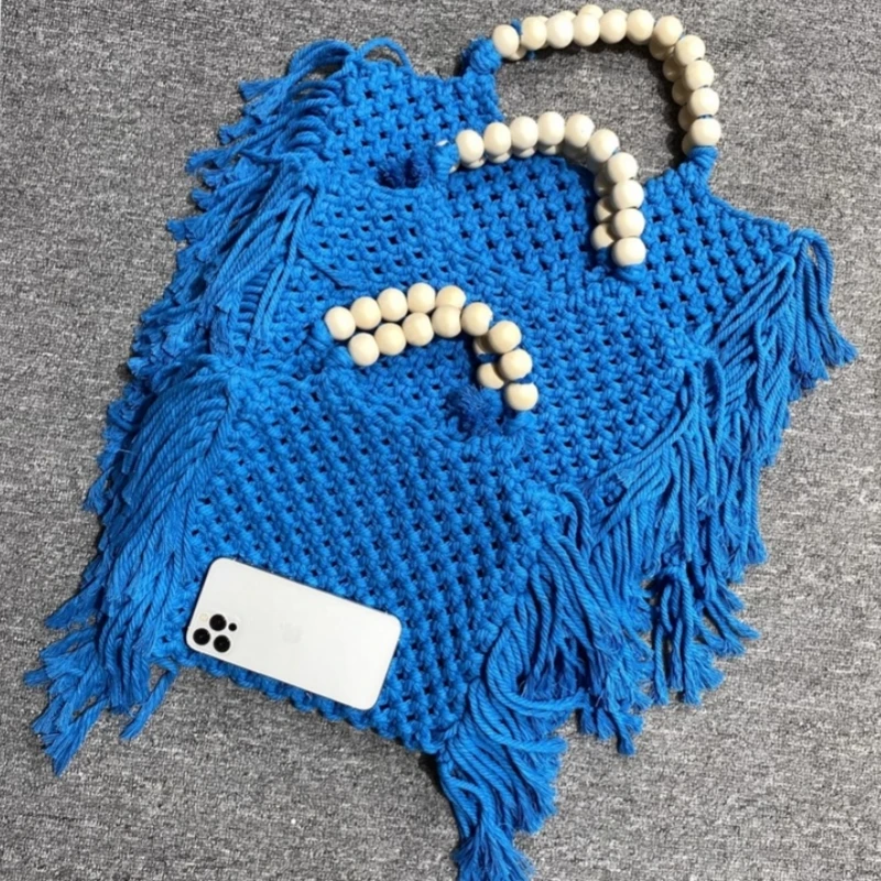 

Bohemian Style Fashion Hand Woven Women's Knitting Tassel Handbag Large Capacity Hollow Out Design Ladies Summer Beach Tote Bag