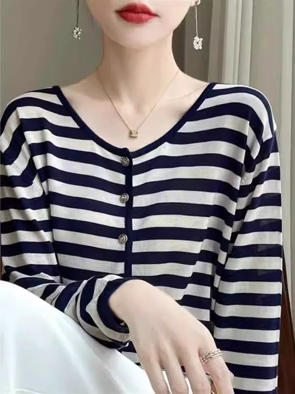 Retro Striped Long Sleeve Knitted Open Cardigan Women's Silk Thin Air Conditioning Sun Protection Outerwear Long Sleeve Cover up