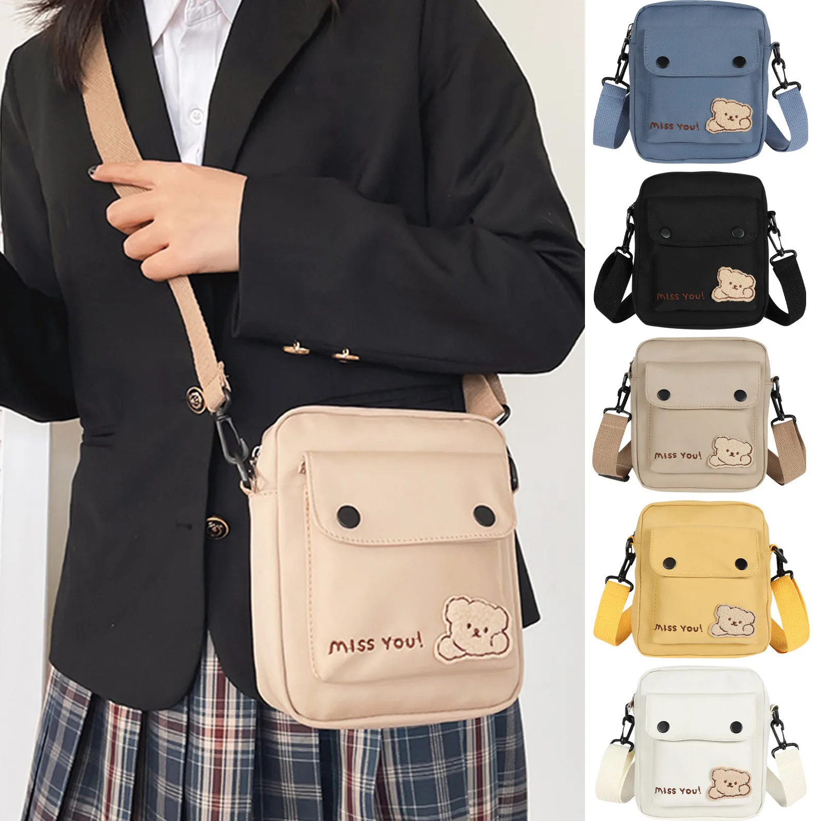 Kawaii Backpack Women'S Cute Versatile Cartoon Bear Canvas Bag College Student Crossbody Bag Backpack Shoulder Bag Purses.