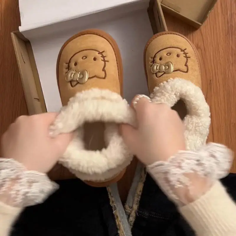 Bonito sanrio olá kitty botas de neve anime dos desenhos animados menina inverno engrossar sapatos de algodão quente ao ar livre fundo grosso anti deslizamento sapatos presente