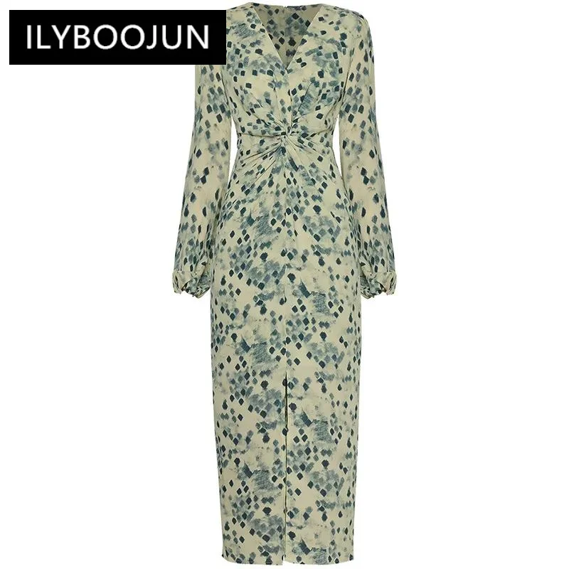 

ILYBOOJUN Fashion Runway Vintage Print Party Dress Women Lantern Sleeve Pleated High Waist Package Buttock Slim Long Dress