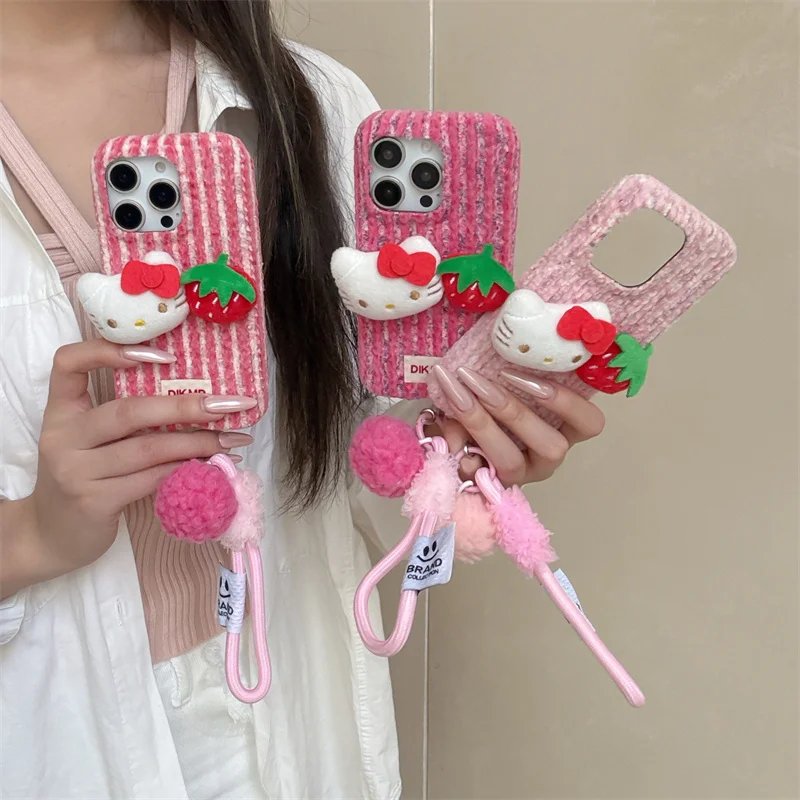 ثلاثية الأبعاد لطيف الكرتون سانريو مرحبا كيتي فروي أفخم لينة قضية الهاتف آيفون 16 15 14 17 برو ماكس الشتاء الدافئة غطاء مع الحبل #1
