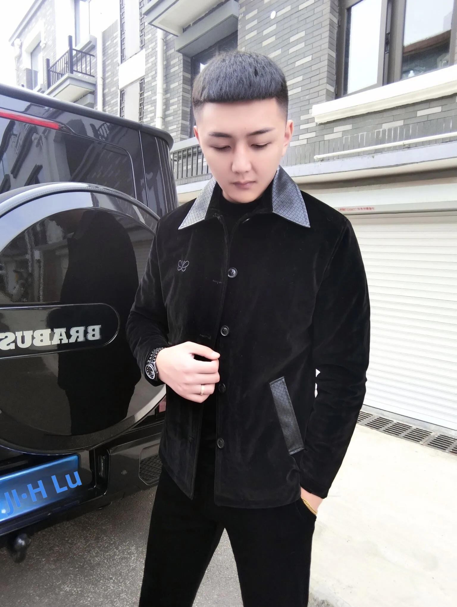 

Thiened Bla Velvet Jaet for Men Casual Sle Stand Fit Cotton Coat with Collar Buttons Pure Color Autumn Winter Oute...