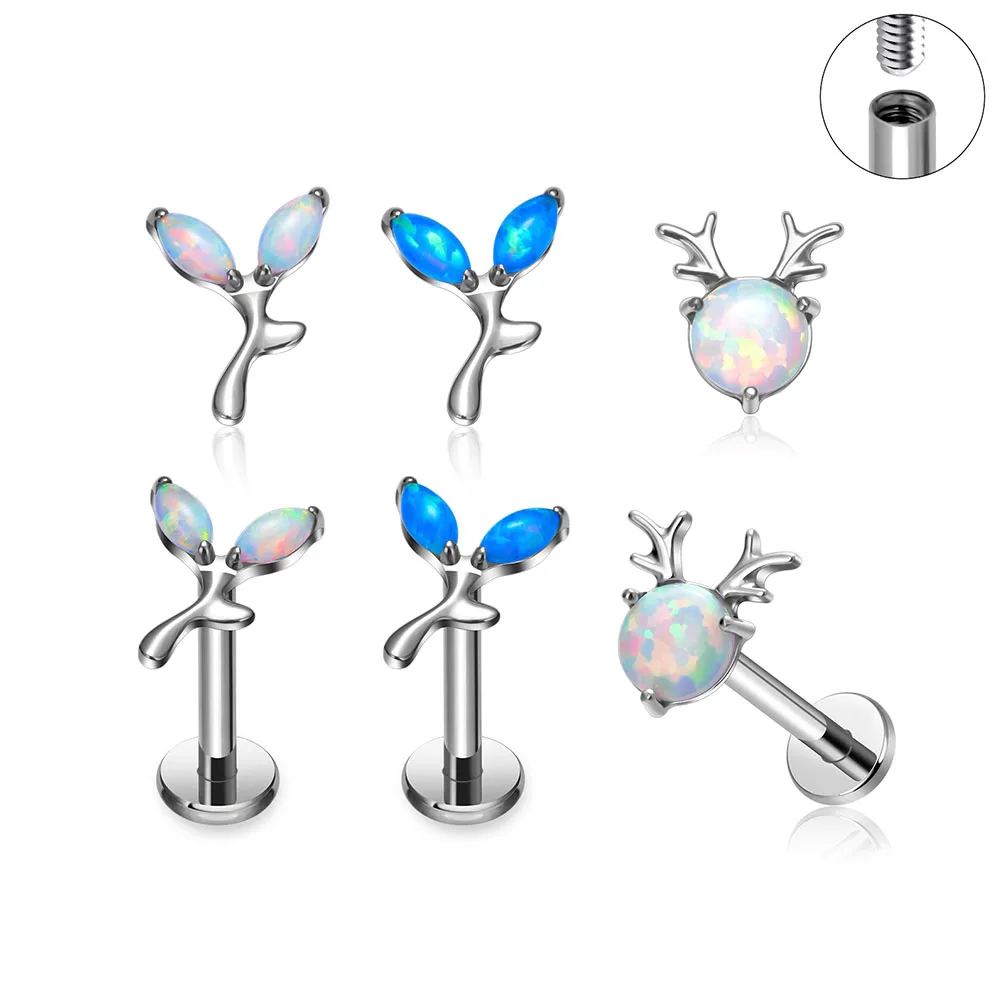 

ASTM G23 Titanium Leaf and Sika Deer Opal Cartilage Nails Male and Female Perforated Jewelry Internal Thread Earrings Lip Nails