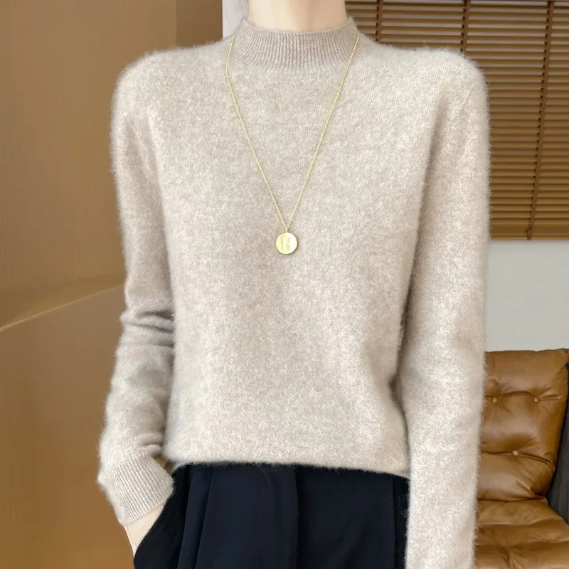 

Женский свитер, осень-зима, однотонная бежевая теплая рубашка с длинными рукавами, тонкое нижнее белье, пуловеры, корейские модные вязаные топы