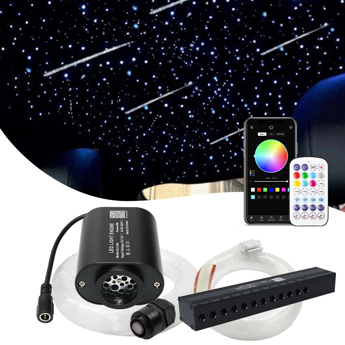 

Комплект оптоволоконной подсветки 6W Twinkle Meteor Star Light для потолка автомобиля с эффектом звездного неба, с дистанционным управлением через приложение