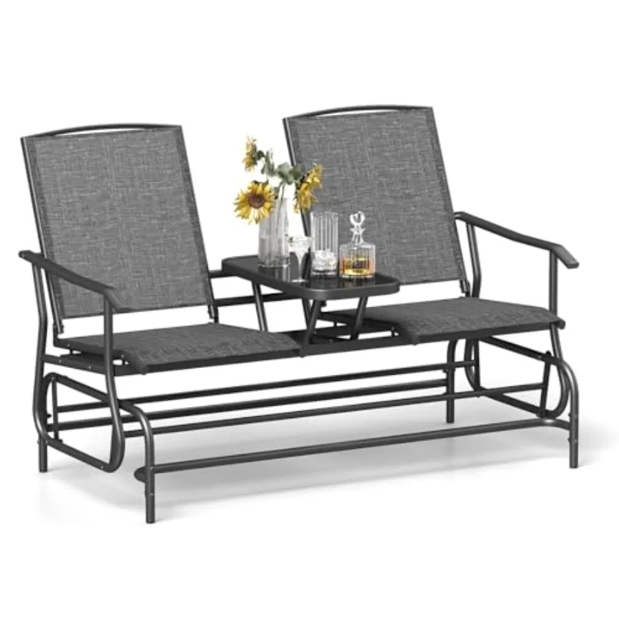 

Двухместное уличное кресло-качели с закаленным стеклянным столиком, стальным каркасом и дышащей сетчатой тканью, серое, для веранды и балкона