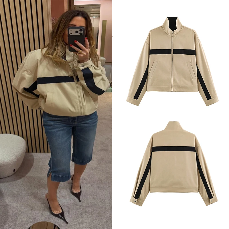Women's khaki short zip-up jacket with a stand collar, contrasting stripe design, vintage sporty short jacket
