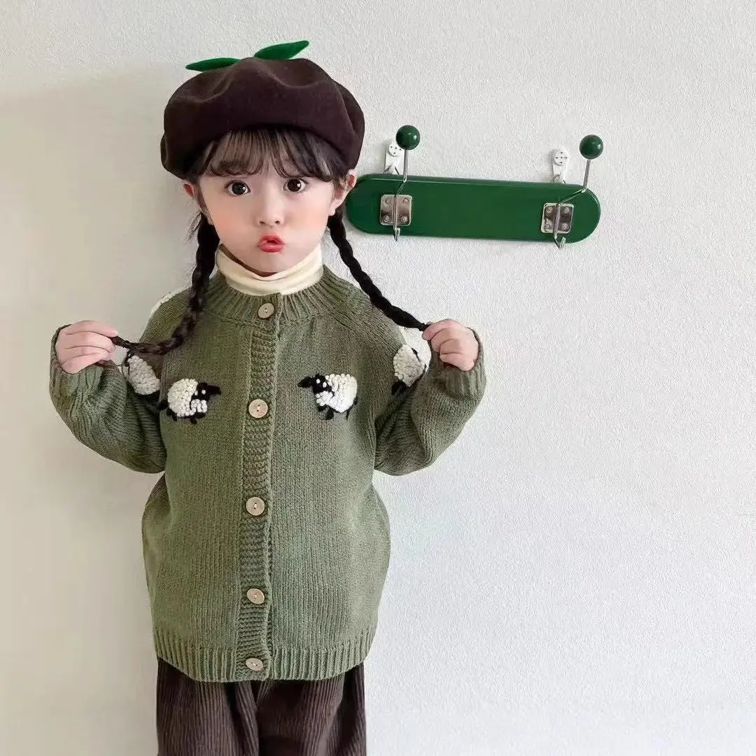 Fall Winter Baby Girls Nordic Ins Knitted Cardigan, Hand Embroidered 3D Sheep Anti-Pilling Sweater, Kids Button Down Outerwear