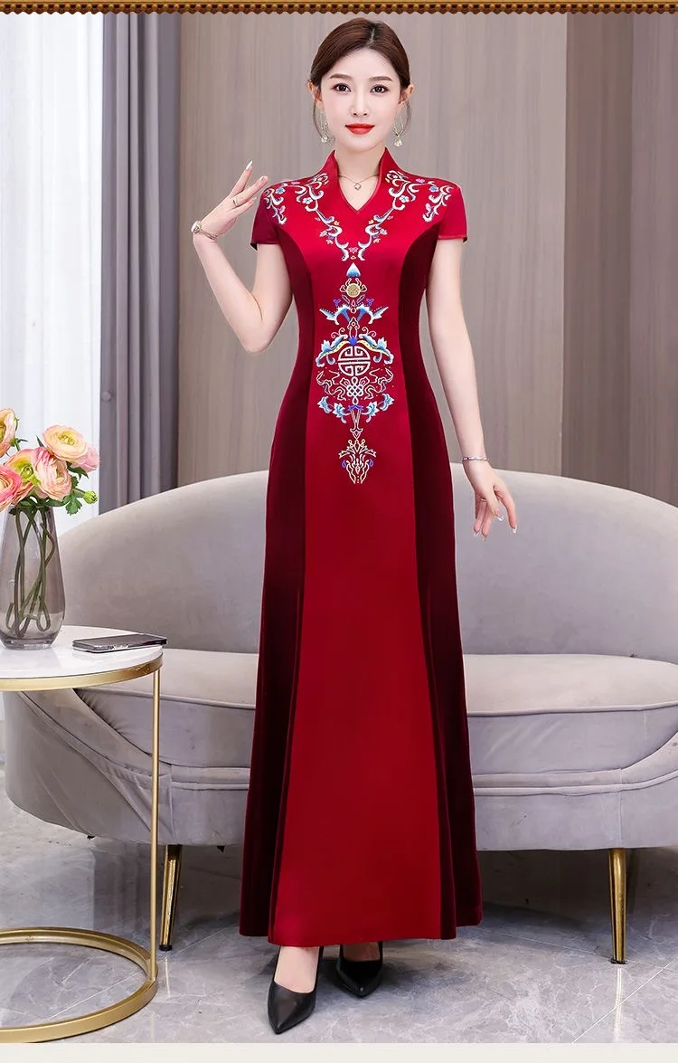 2024 chinese vintage dress improved cheongsam national flower embroidery satin patchwork velvet qipao banquet evening dress