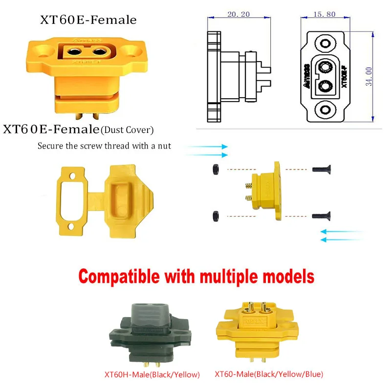 XT60E-Female Mountable Fixed Socket to XT60H Male Plug Power Connection Cable, Suitable for Radio-Controlled Models and Similar