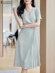 ZANZEA Elegant V Neck Party Dresses 2024 Summer Women Korean Fashion Solid Color Vestidos Short Sleeve Pleated Draped Midi Dress