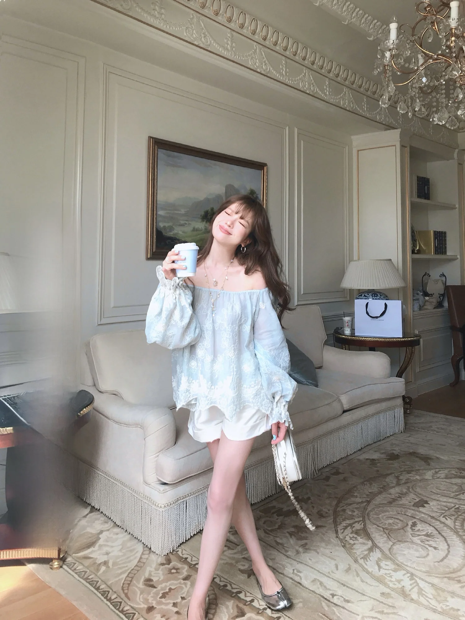 

Soft Sle 00% Flax Lace Embroidery Thin One oulder irt Women's Top Breathable Comfortable V-ne Long Sve Loose Fit