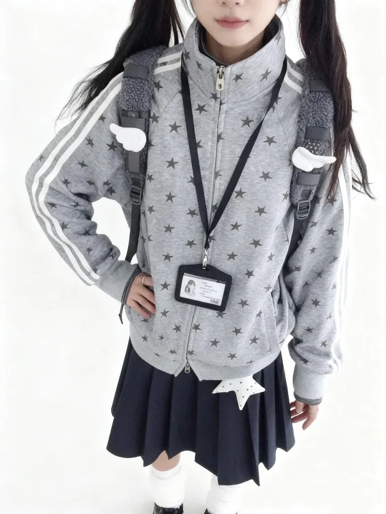 Damskie bluzy Deeptown zapinane na zamek, styl Y2k, japoński styl preppy, vintage Harajuku, szare bluzy z kapturem, codzienne, słodkie, kawaii, odzież wierzchnia, kurtki.