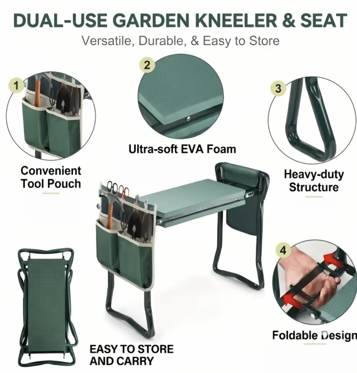 Foldable Garden Kneeler and Seat with Wide Thick Kneeling Pad & Tool Bag, Portable Gardening Stool for Lawn Care, Tool Storage, Gardening Gift for Men, Women, Seniors & Moms