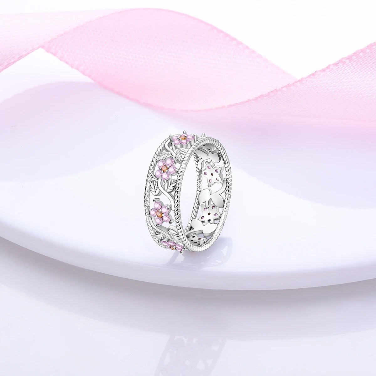 925 Sterling Silver Vintage Begonia Flower Ring for Women Pink CZ Inlaid Hollow Dainty Wedding Party Fine Versatile Jewelry Gift