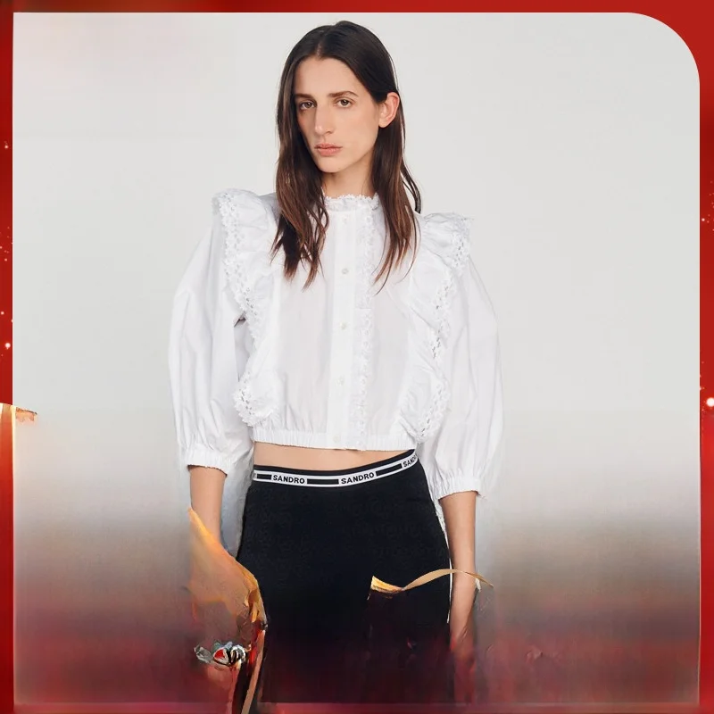 

MaSande Spring 2023 Women's Pure Color Hollow out Pleated irt f High Collar Bubble Sve ort Length Straight Cut Blouse