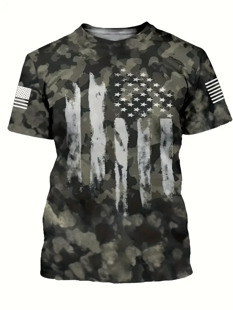 Men's Painting Style American Flag Print And Gradient Color T-shirt Crew Neck Short Sleeve Tee Summer Top For Street Casual Wear