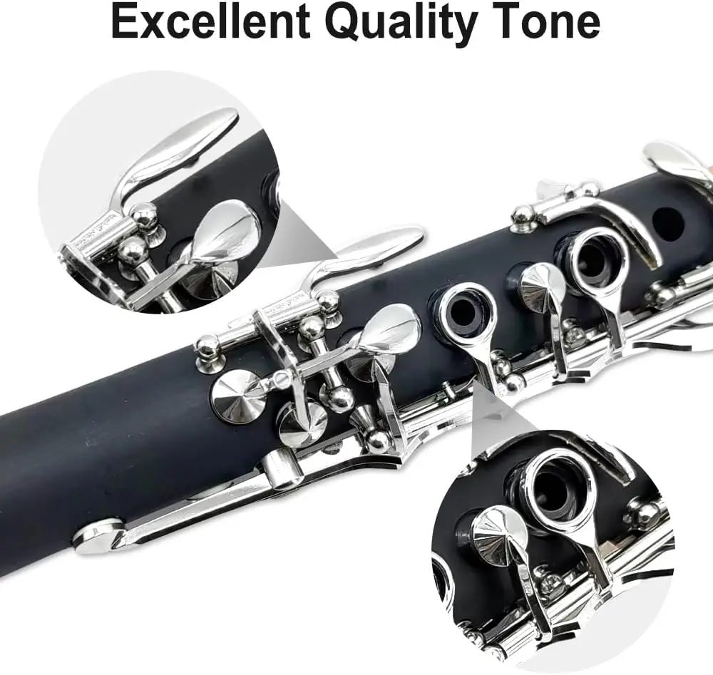 Beginner Bb Clarinet Kit with 17 Keys, Nickel-plated, Includes Hard Case, Cleaning Tools, and Accessories for Easy Start