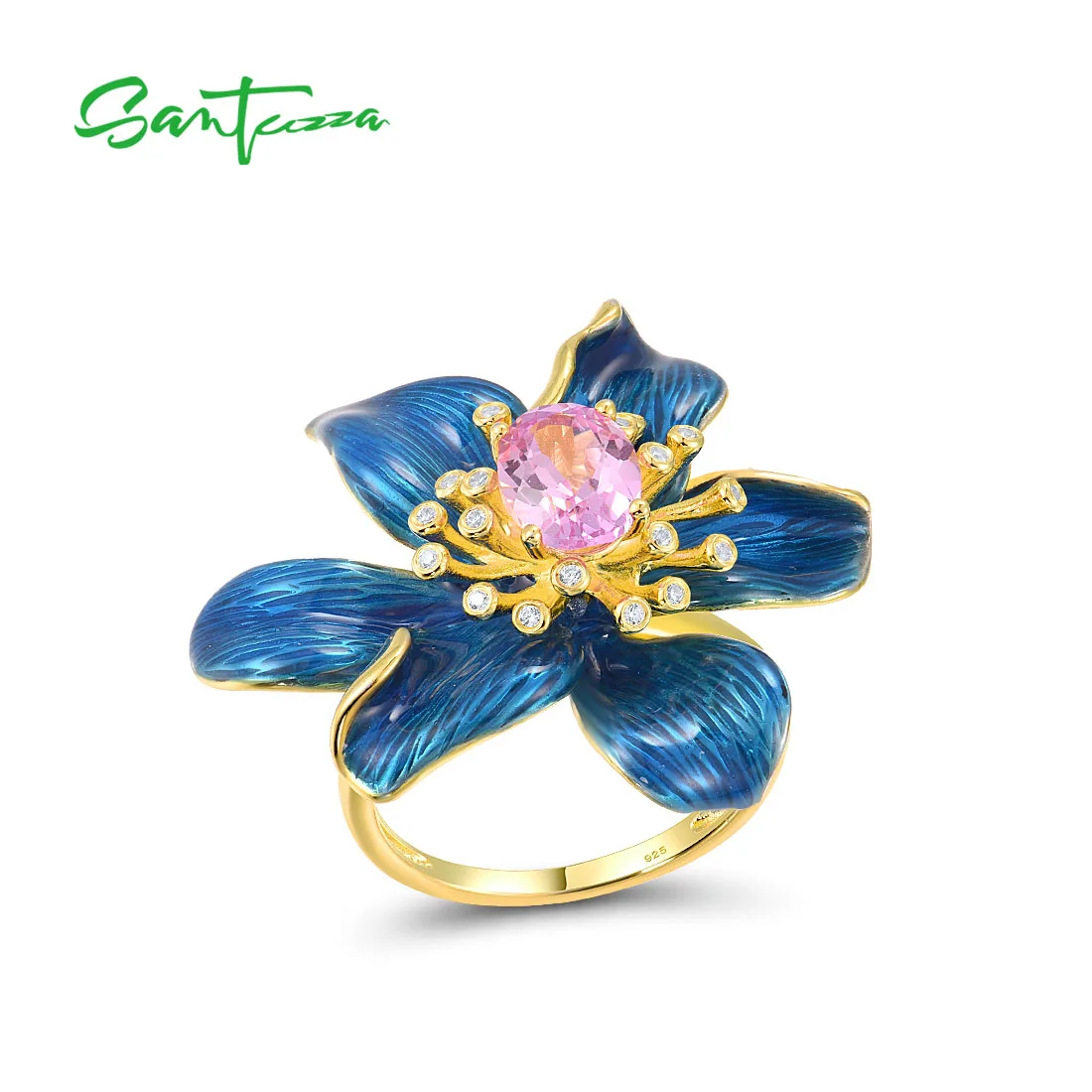 SANTUZZA Silver Rings For Women 925 Sterling Silver Blue Blooming Flower Lab Created Pink Sapphire Fine Jewelry Handmade Enamel