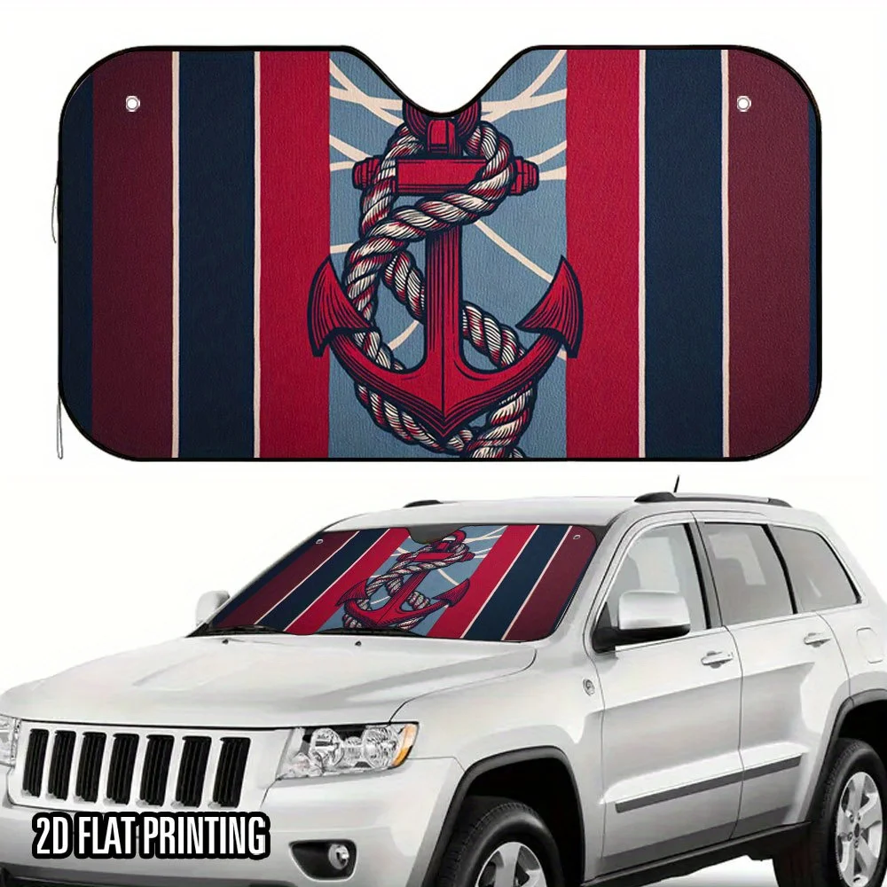 One Piece 2D Flat Nautical Anchor Print Car Sunshade – Chic Design, Maintains Car Temperature, To Set Up With Four Suction Cups,