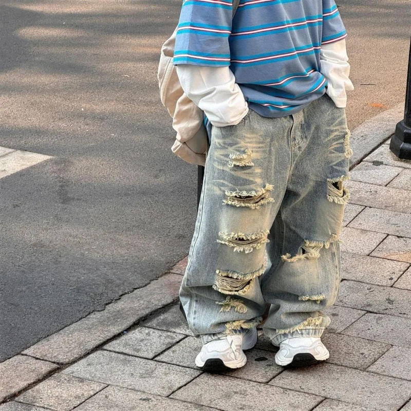 Boys Hiphop Design Broken Ripped Jeans for Tween Kids Fashion Streetwear Denim Pants Teenage Child Destroyed Jeans Trousers 5-14