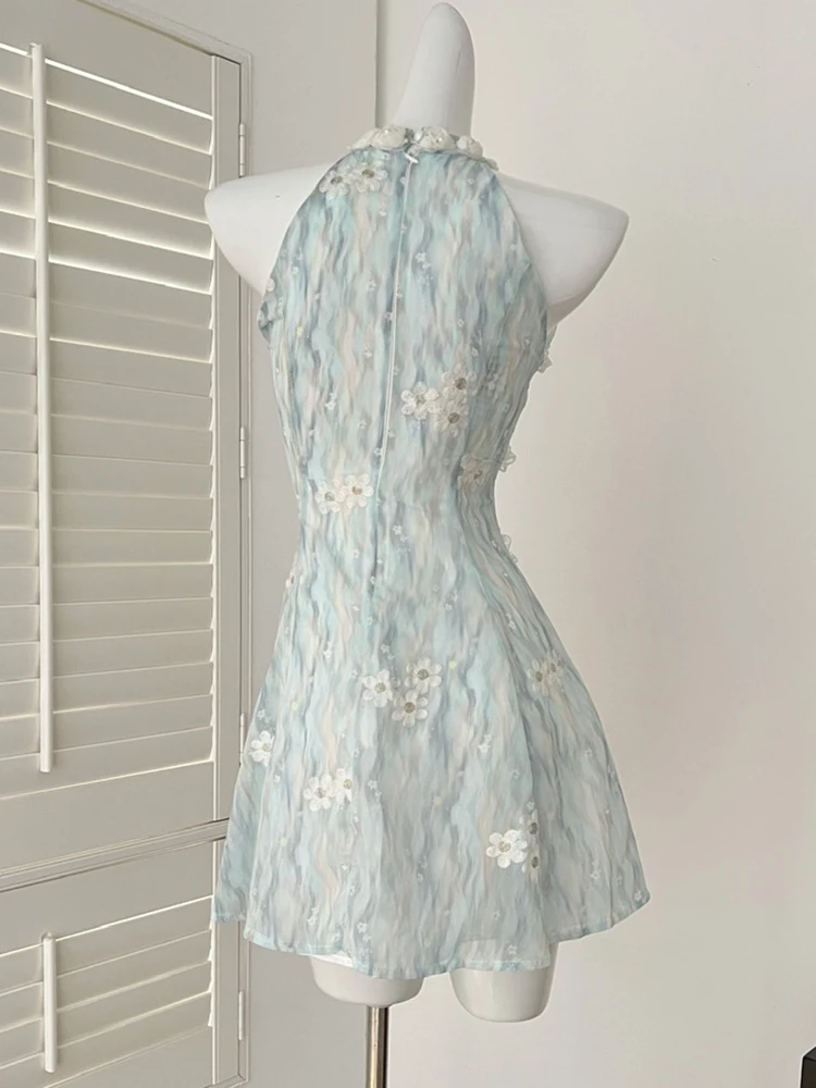 Abito all'americana da donna in pizzo senza maniche con canotta in rete Mini abito femminile 2025 Abito corto floreale ricamato con cerniera Abito a pieghe stampato