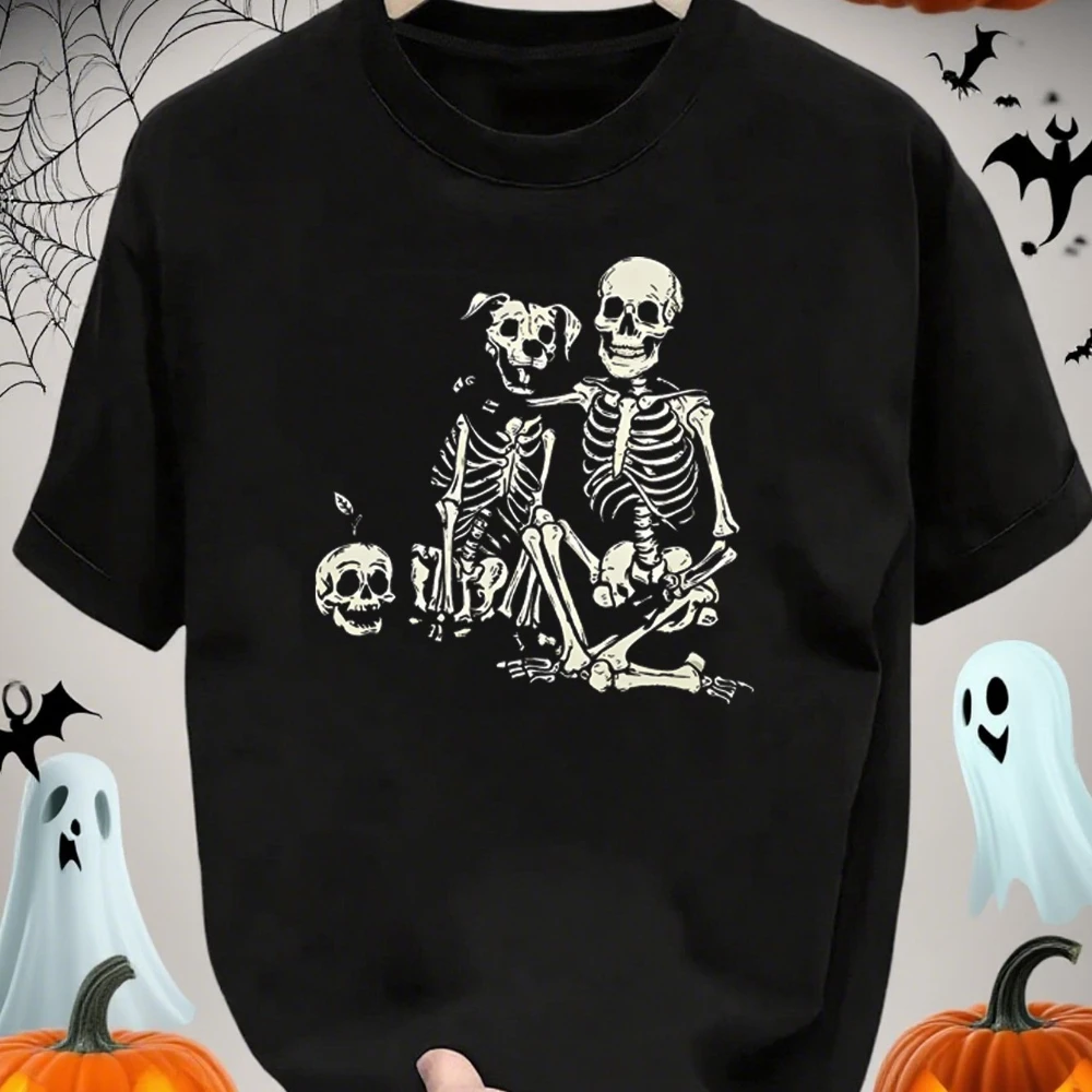 Men's Short-Sleeve T-Shirt with Creative Print of A Warm Interaction Between Skeleton and A Dog Black Halloween Style