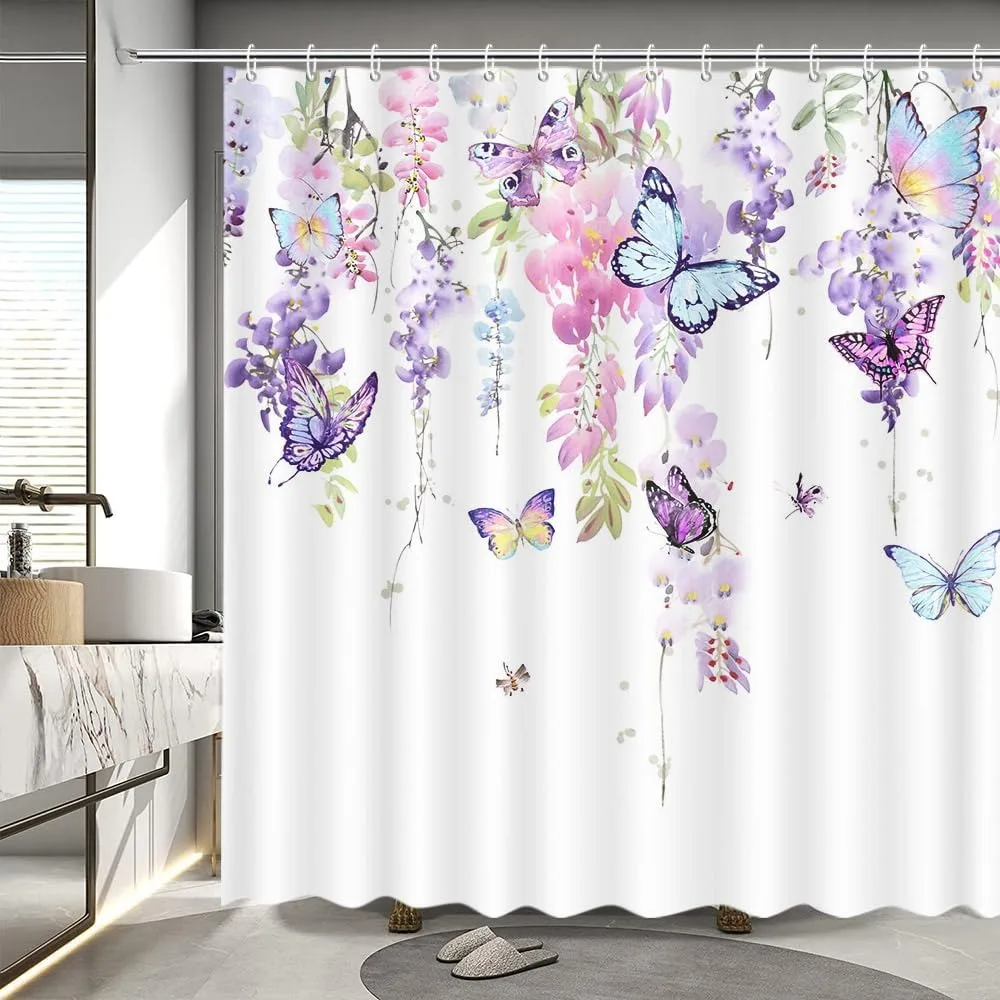 

Purple Butterfly Shower Curtain Spring Watercolor Butterfly Flower Shower Curtains for Bathroom Nature Garden Plant
