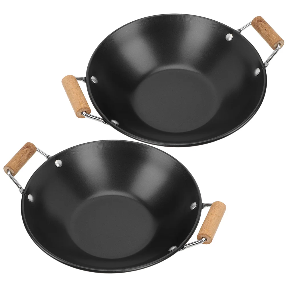 

2pcs Thickened Metal Wok Double Wooden Handles Non-Stick Cooking Pot For Home Restaurant Sturdy Easy Clean