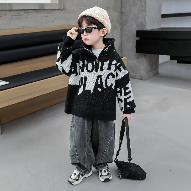 Spring Autumn Outfit Children's Casual Clothing Sets Boys High-Neck Knitted Sweater+Jeans 2pcs Suit Kids Boy Fashion Set 2-13Yrs