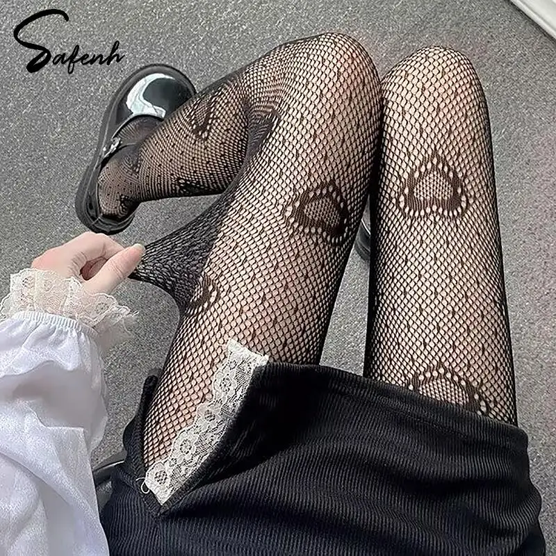 Sweet Women Girls Hollow Out Heart Jacquard Mesh Socks Tights Pantyhose Lovely Y2K Lolita Ins Long Stockings Tight Pantyhose