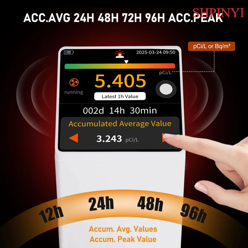 Rilevatore radon Allarme visivo acustico Display LCD a colori touchscreen, rilevatore di gas radon a lungo termine Monitoraggio PCi/L o Bq/m3