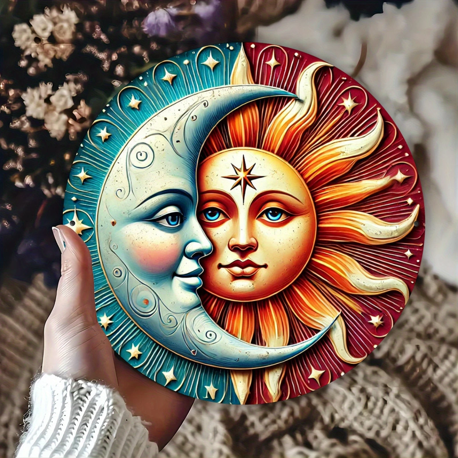 2D Retro Bohemian-Style Sun And Moon Wall Art Pendant 4in Wooden round Disc Sacred Guardian Deity Home Decoration Party Gifts