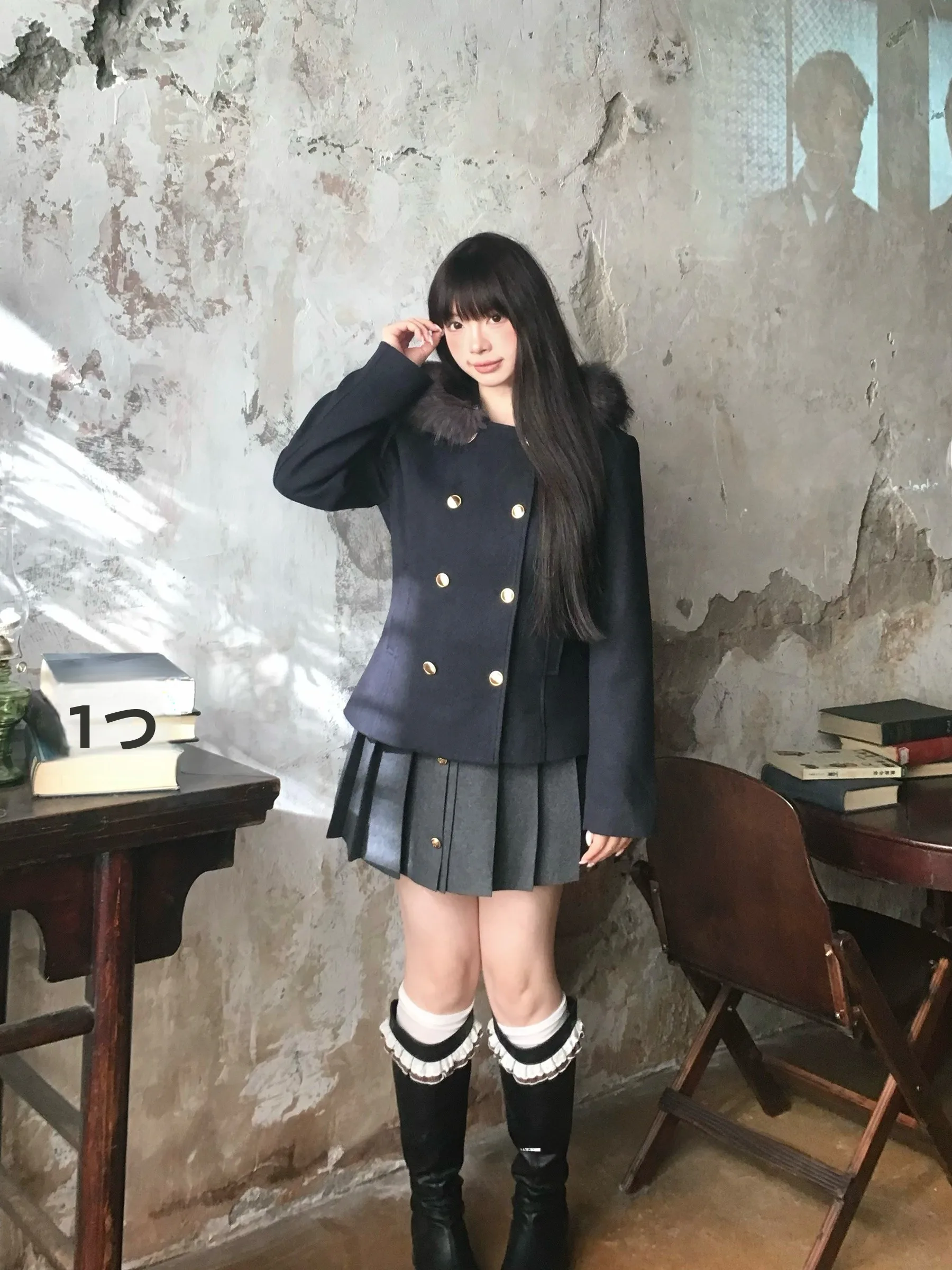 

Ulovely Y Top Student plus Size Woolen Coat with Fur Collar A-Line Skirt Set for Plump Women Winter Faion Outfit